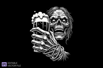 beer glass dark art scary creepy illustration engraving style tattoo vector black and white background templates