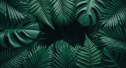 Luxurious dark green tropical jungle foliage with lush large leaves creating a natural frame for a mysterious dark center