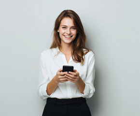 Fototapeta premium young beautiful woman using smartphone standing on white background