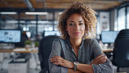 Confident Female Professional at Desk – Unity & Focus for Creative Services