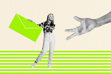 Sketch image trend artwork montage 3D photo collage of huge hand gesture catch young woman stand...