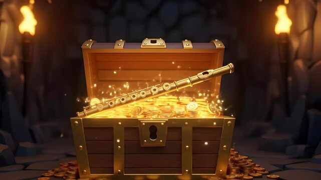 Cartoon golden flute inside treasure chest glowing with fantasy torchlight