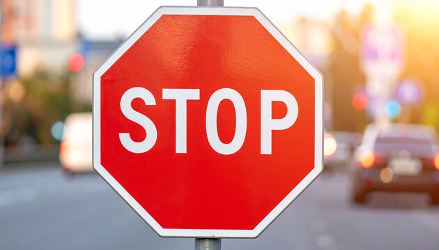 Stop road sign. Red octagon with white lettering. Blurred city bokeh on background.
