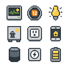 Solar Home Automation Icons. Pixel art icon set of solar home automation: energy monitoring display, smart thermostat, smart