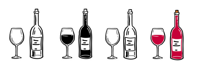 Illustration of red wine drink with bottle set. Vector wine glass and wine bottle, black and line