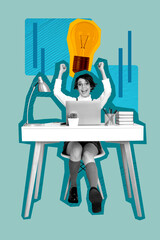 Poster sketch image artwork 3D photo collage of young lady sit table laptop idea lamp think study...