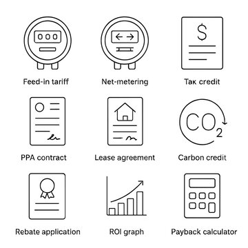 Solar Incentives Icons. Outline icon set of solar financing incentives: feed-in tariff meter, net-metering meter, tax-credit form,