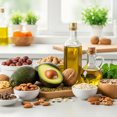 Healthy fats and seeds on white kitchen counter with natural light avocado olive oil nuts and basil in bright food flat lay