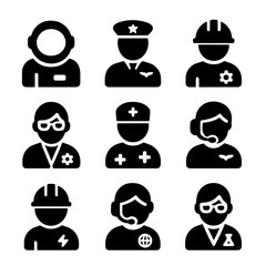 Space Crew Icons. Solid, filled icon set of mission crew and roles: astronaut, commander, engineer, scientist, medic, pilot,