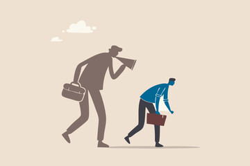 Self criticism, negative critic thinking to blame yourself, guilt or depression to rant or inner anxiety, anger or stress psychology concept, depressed businessman self shadow blame with megaphone.