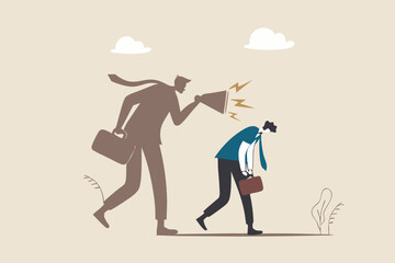 Self criticism, negative critic thinking to blame yourself, guilt or depression to rant or inner anxiety, anger or stress psychology concept, depressed businessman self shadow blame with megaphone.