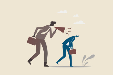 Self criticism, negative critic thinking to blame yourself, guilt or depression to rant or inner anxiety, anger or stress psychology concept, depressed businessman self shadow blame with megaphone.