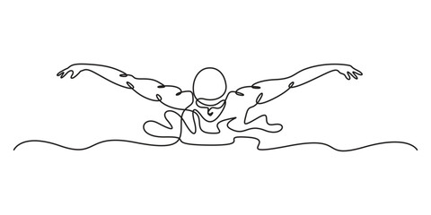 Continuous one line drawing of young happy professional swimmer man focus training in gym swimming pool center, One continuous line drawing of Marathon Swimming sports vector illustration