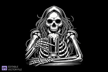 skull holding beer dark art scary creepy illustration engraving style tattoo vector black and white background templates