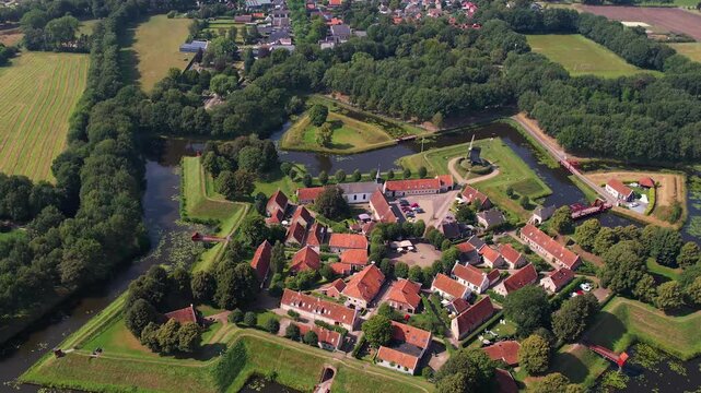 An panorama Aerial view of the old town of the city Drachten in the Netherlands on a sunny day in summer