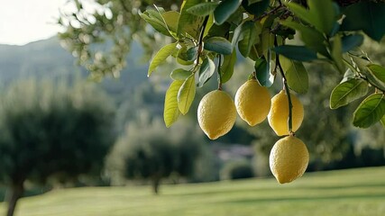 Bright yellow lemons sway gently in the breeze among vibrant green leaves on a warm day, highlighting nature’s abundance
