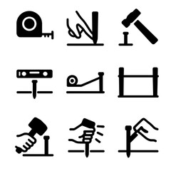 Obraz premium Stake Installation Icons. Solid, filled icon set of stake installation process: measuring tape, marking, hammering, leveling,