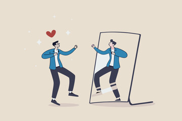 Self acceptance, love and respect yourself, key to success, confidence and positive thinking, attitude or mindset for leader concept, confidence businessman appreciate his self reflection on mirror.