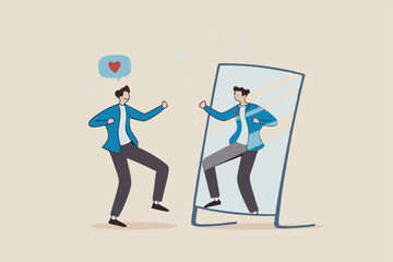 Self acceptance, love and respect yourself, key to success, confidence and positive thinking, attitude or mindset for leader concept, confidence businessman appreciate his self reflection on mirror.