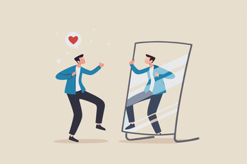 Self acceptance, love and respect yourself, key to success, confidence and positive thinking, attitude or mindset for leader concept, confidence businessman appreciate his self reflection on mirror.