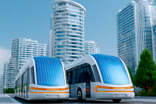 Two futuristic solar-powered buses on a clean urban street with modern high-rise buildings and green trees under a blue sky