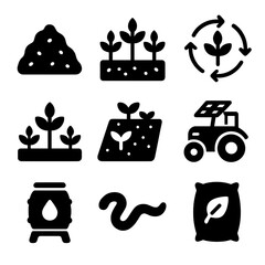 Sustainable Farming Icons. Solid, Filled icon set of sustainable farming: compost pile, cover crop, crop rotation arrows, green