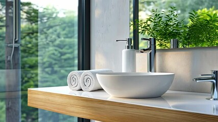 Contemporary bathroom showcases minimalist design with elegant fixtures, a stylish bowl sink, soft towels, and abundant natural light