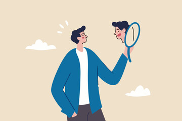 Self awareness, aware of different aspect of self, behaviors and feelings, psychology state of oneself becomes focus of attention, businessman found himself from mirror thinking about self awareness.