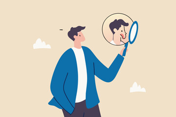 Self awareness, aware of different aspect of self, behaviors and feelings, psychology state of oneself becomes focus of attention, businessman found himself from mirror thinking about self awareness.