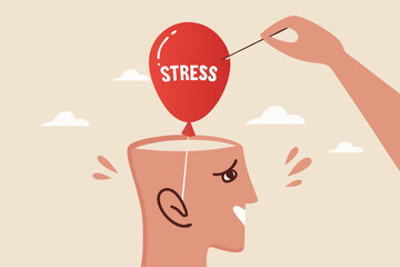 Stress management, relaxation to relieve anxiety or anger from your brain, meditation to help reduce stress concept, doctor help solve anxiety problem using needle to burst stress balloon.