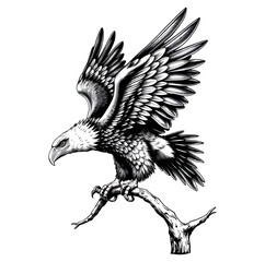 Majestic Bald Eagle Perched on Branch Illustration A Symbol of Freedom and Power Gracefully rendered in Black and White