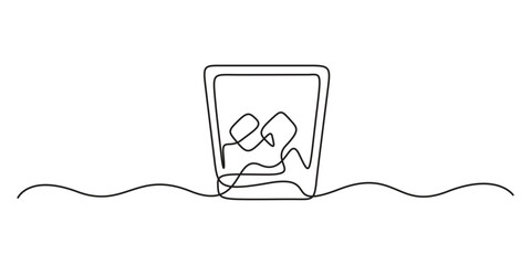 Continuous one line drawing of whiskey in glass with ice cubes. Modern minimal illustration. Bar and restaurant minimalist design logo concept vector illustration