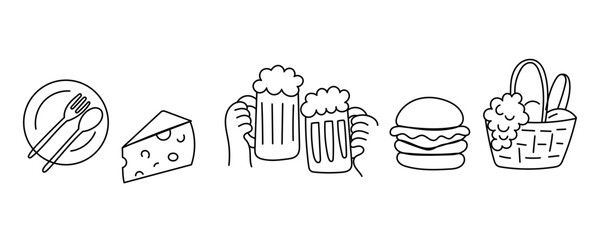 Party Decoration Element. Hand Holding Beer, Burger, Cheese, basket with Food. Outline Contour Drawing Style Minimalist Design. Birthday Greeting Party Symbol Sign Doodle Silhouette Line Art.