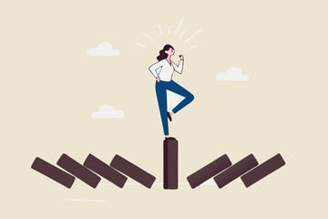 Mindfulness meditation relax to reduce stress and eliminate distraction, calm to build energy or spiritual wellness concept, success woman relax and meditating with yoga pose on standing domino.
