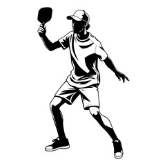 Monochrome Illustration of a Table Tennis Player in Action with Paddle, Wearing Cap, T-Shirt, and Shorts Ready to Strike