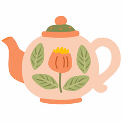 Flat vector teapot with floral and green leaf motif, giving off natural and botanical charm. Great for home decor and organic-themed illustrations.