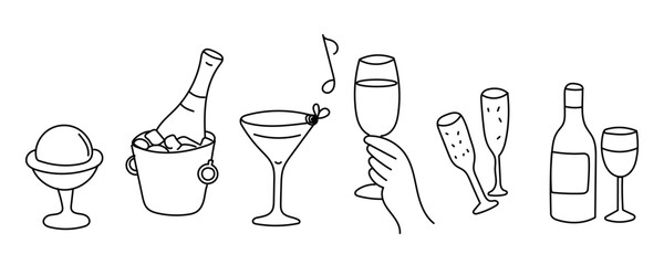 Party Decoration Element. Champagne Bottle in Ice and Human hands with Glasses of Wine. Outline Contour Drawing Style Minimalist Design. Birthday Greeting Party Symbol Sign Doodle Silhouette Line Art.