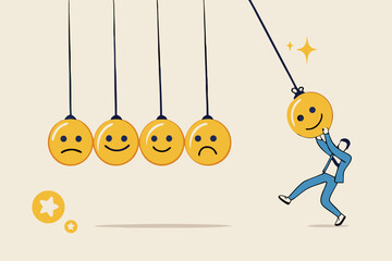 Optimistic, happiness or positive thinking inspire other people happy, emotional intelligence or balance between happiness and sadness, man holding smile face pendulum ball to hit other sad faces.