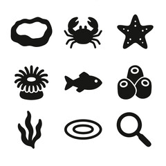 Tidal Pool Icons. Solid, filled icon set of tidal pool exploration: rock pool outline, small crab, starfish, sea anemone, tiny