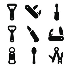 Tool Icon Grid. Solid, Filled icon set of opening tools: church key opener, Swiss army tool, flat-head screwdriver, bottle opener,