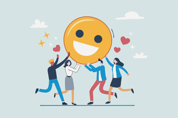 Employee satisfaction, workplace happiness or success team motivation, employee engagement or participation, feedback or company survey rating concept, business people employee with smile happy face.