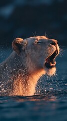 Fototapeta premium Lioness Roars in the Water African Wildlife at Sunset with Cinematic Photo.