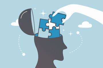 Psychology, mental health or brain cognition, mind therapy , emotion or solution to solve wellbeing problem, mood disease or anxiety care concept, hand solve jigsaw puzzle in human brain head.