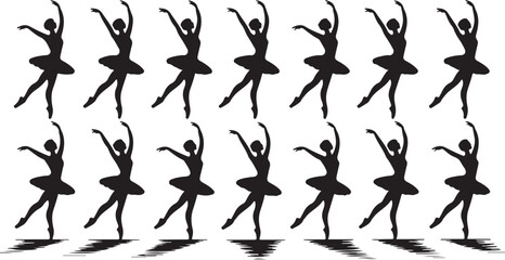 Black vector silhouettes of people dancing, including a ballerina, gym figures, and a jumping gymnast illustration