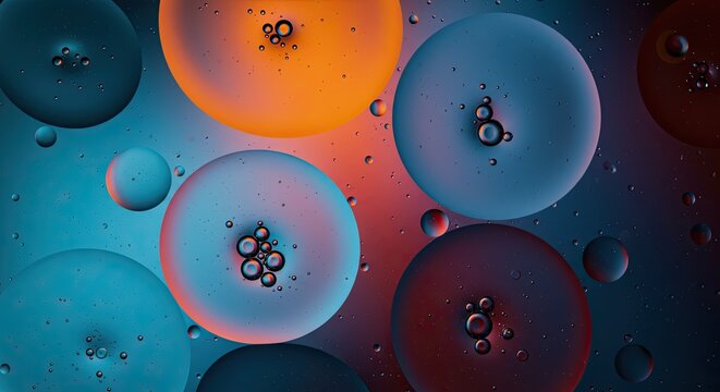 Abstract macro shot of colorful oil and water bubbles with reflections