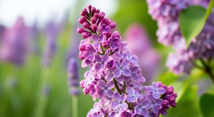 Obraz premium Close-up view of a purple lilac flower cluster with a blurred background of green leaves and more purple flowers