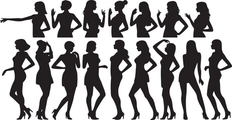 Fashionable vector silhouettes of women and people posing, dancing, and illustrating the beauty of the human body in outline