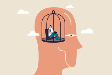 Struggle prison mind, fixed mindset trapped inside psychology, stressed anxiety or overworked, slavery, despair prisoner or depression concept, businessman trapped inside birdcage on human head brain.
