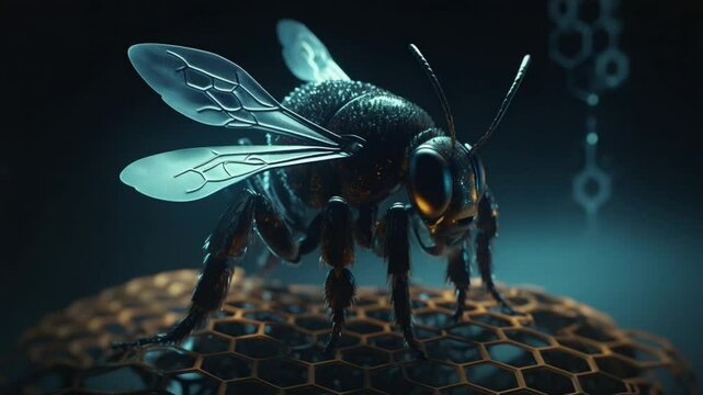 Futuristic metallic bee resting on honeycomb structure with abstract background