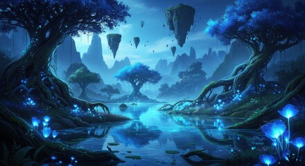 Enchanting bioluminescent forest landscape with floating islands and mystical glowing flora beside a tranquil reflective body of water under a starry night sky